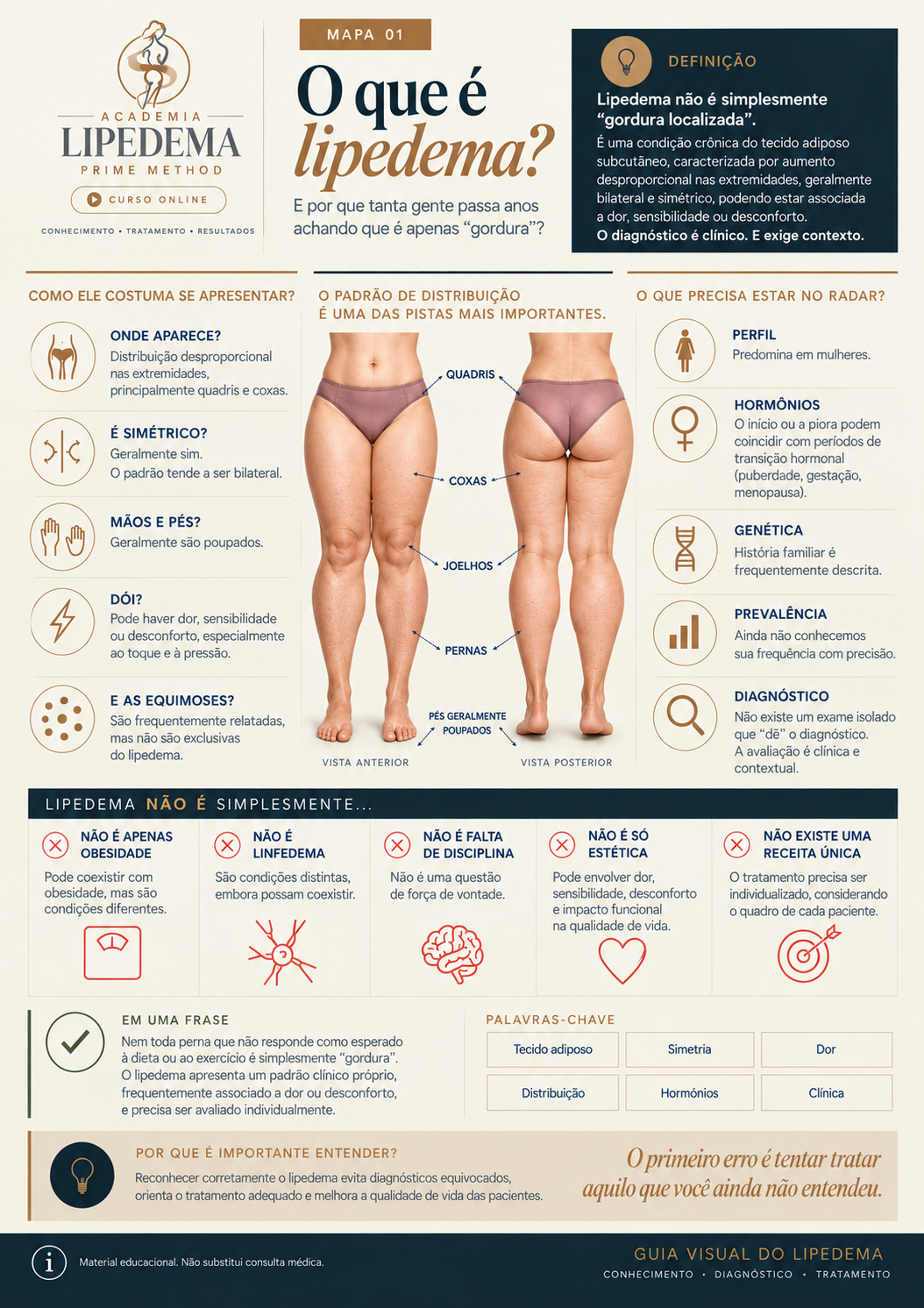 Mapa visual explicando o que é lipedema, como costuma se apresentar e quais sinais precisam estar no radar
